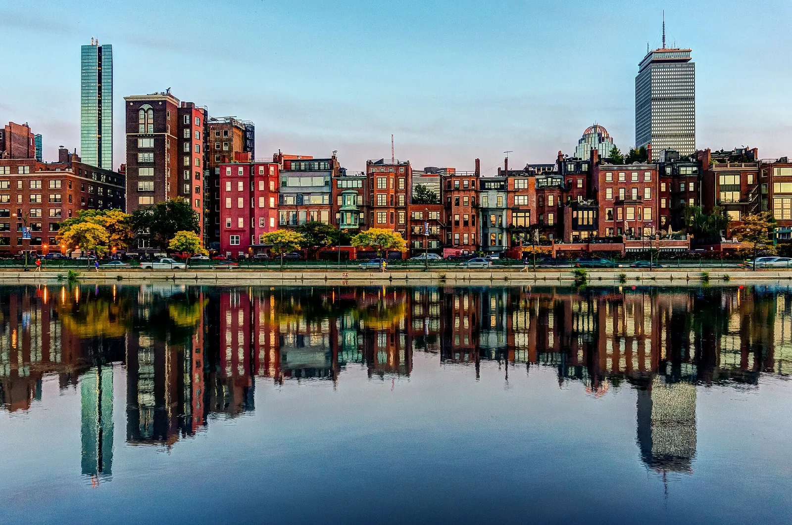 Back Bay brownstones reflected in the water along the Charles River