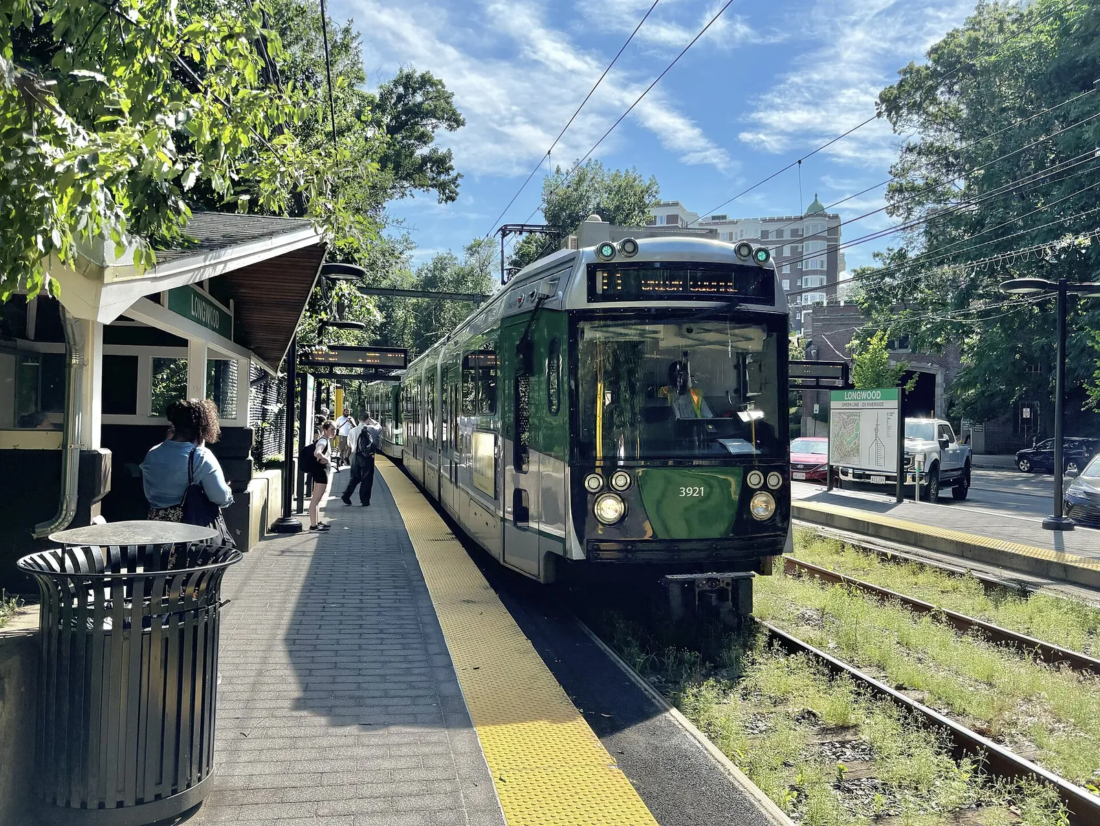 Green Line D branch train entering Longwood station near Boston Children's Hospital